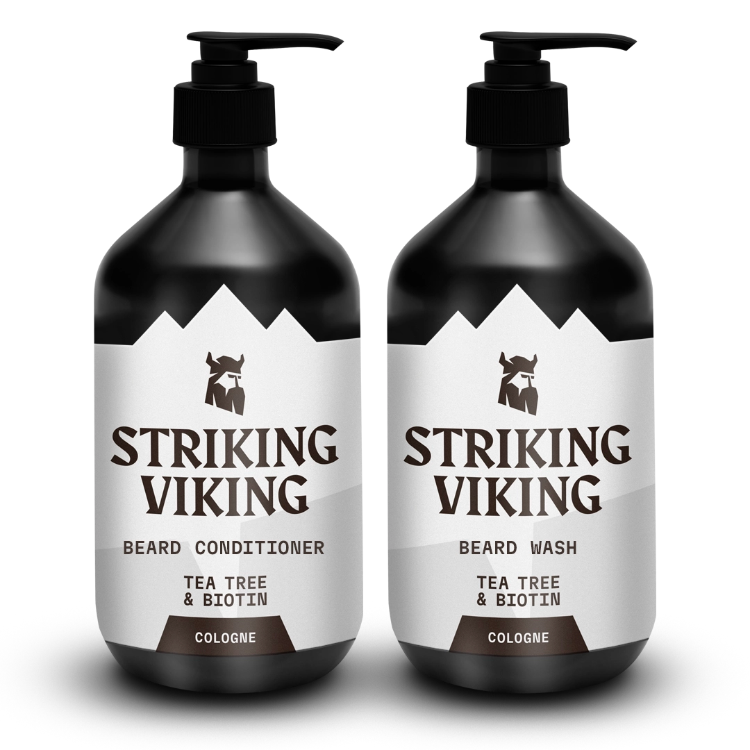 Beard Wash & Conditioner with Tea Tree & Biotin by Striking Viking, 4 oz bottles, natural ingredients for soft and healthy beard.