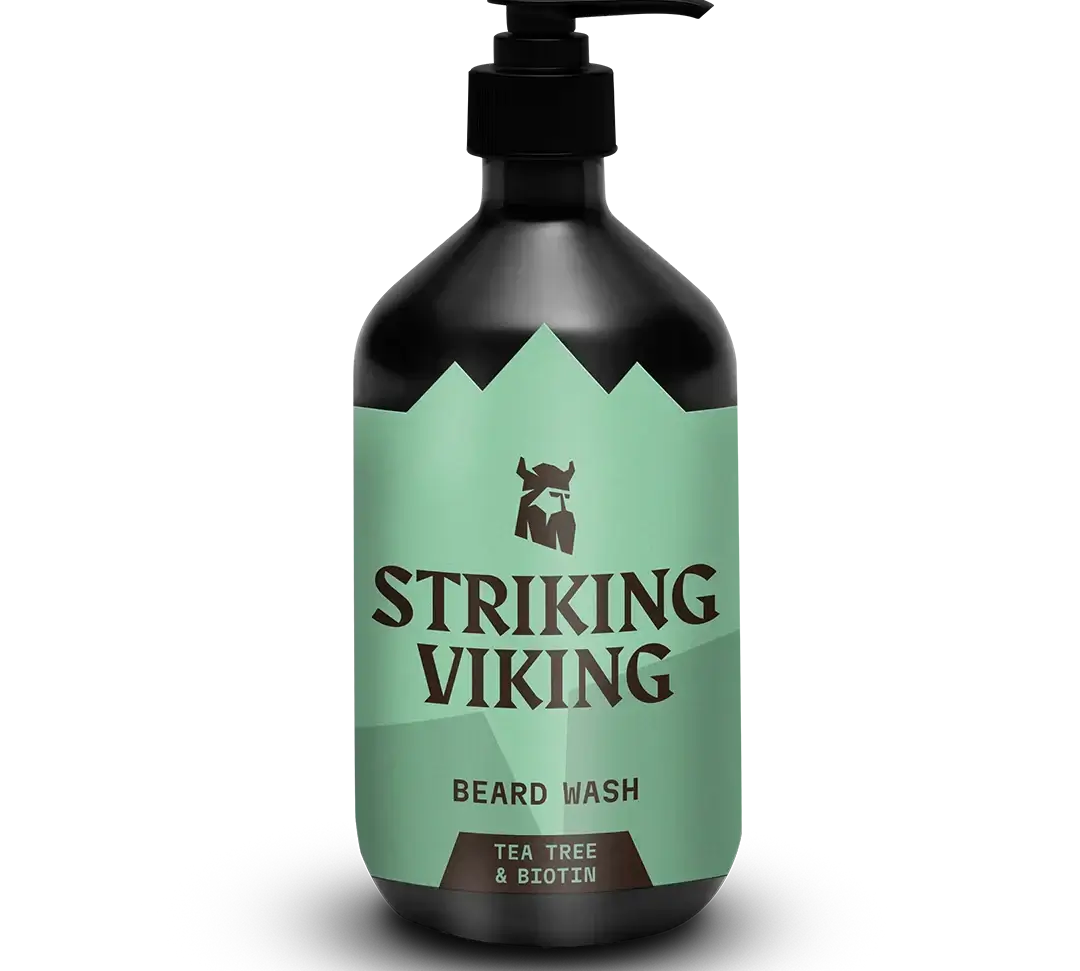 Beard Shampoo with Tea Tree & Biotin by Striking Viking in pump bottle.