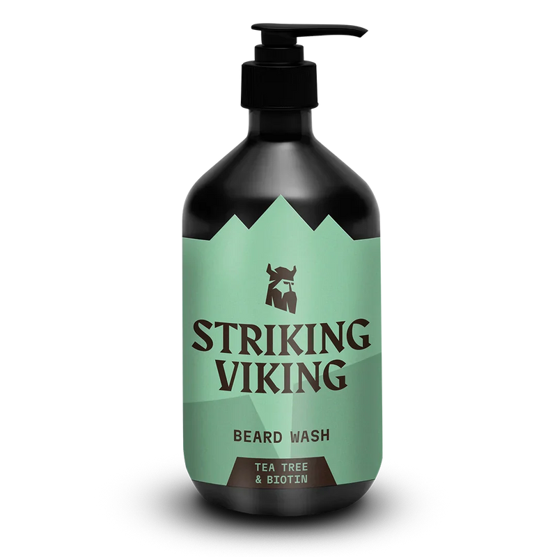 Beard Shampoo with Tea Tree & Biotin by Striking Viking in pump bottle.