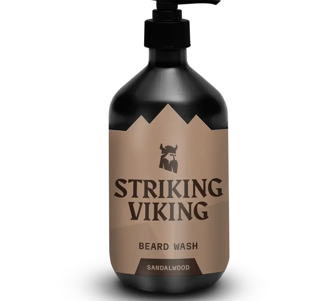 Beard Shampoo - Sandalwood by Striking Viking in black pump bottle.
