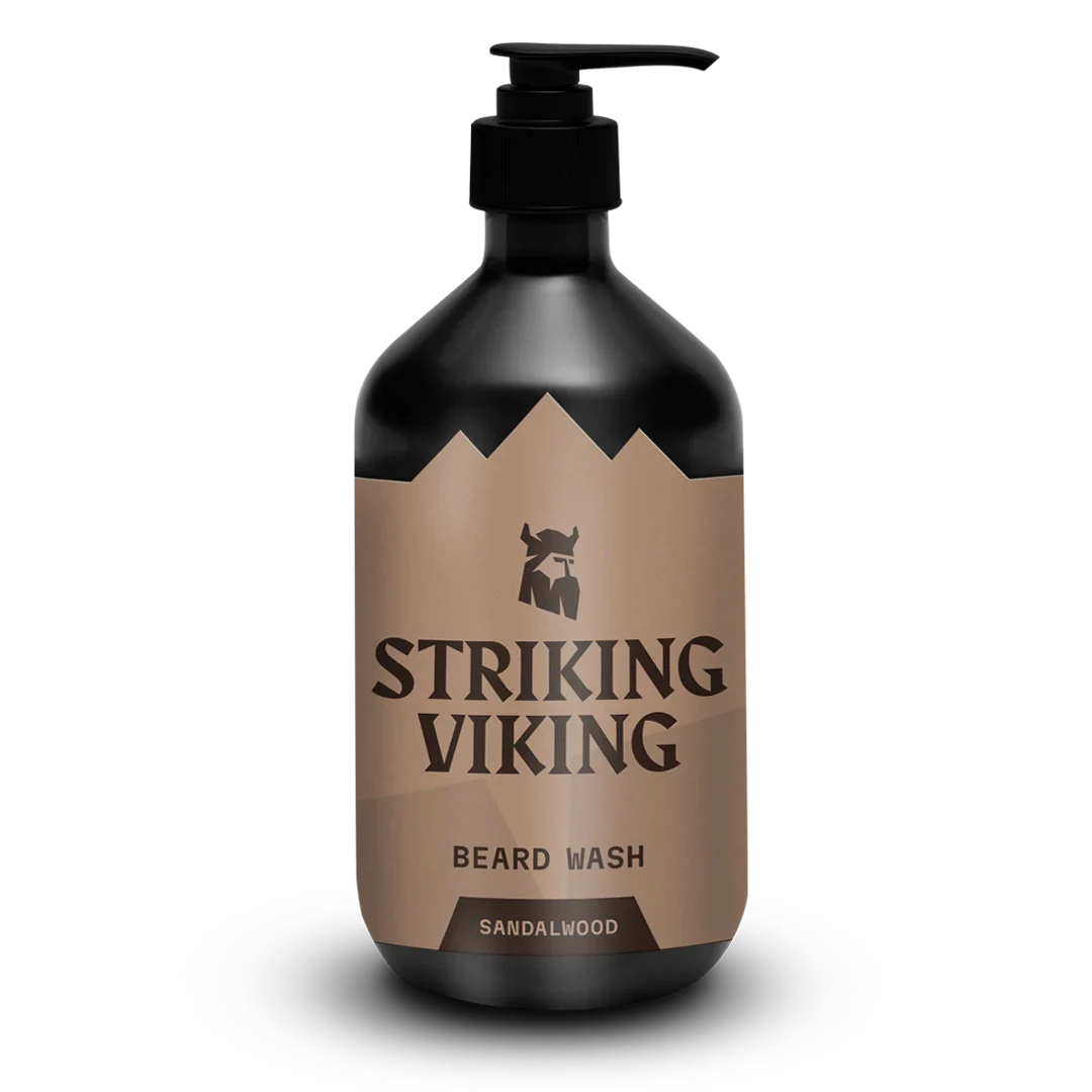 Striking Viking Beard Wash (Sandalwood) bottle with luxurious, woodsy scent formulation.