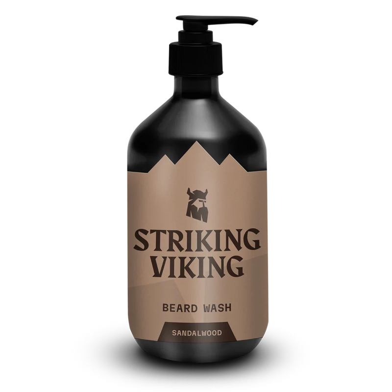 Beard Shampoo - Sandalwood by Striking Viking in black pump bottle.