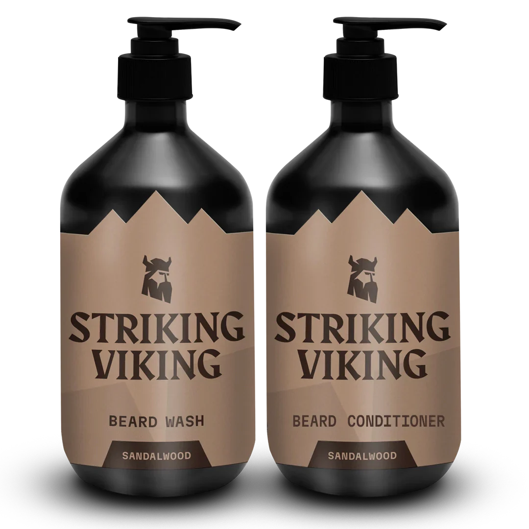 Beard Wash and Conditioner Set by Striking Viking with Sandalwood scent, promotes healthy beard growth and prevents itch, free from parabens and sulfates.