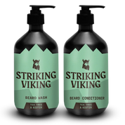 Beard Shampoo and conditioner set with tea tree and biotin bottles by Striking Viking.