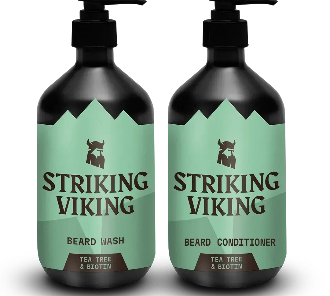 Beard Shampoo and conditioner set with tea tree and biotin bottles by Striking Viking.