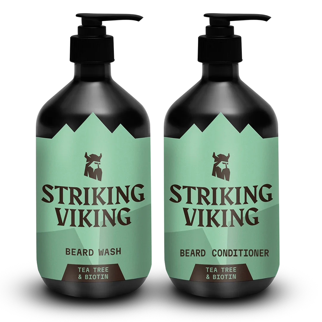 Beard wash and conditioner set with tea tree and biotin by Striking Viking.