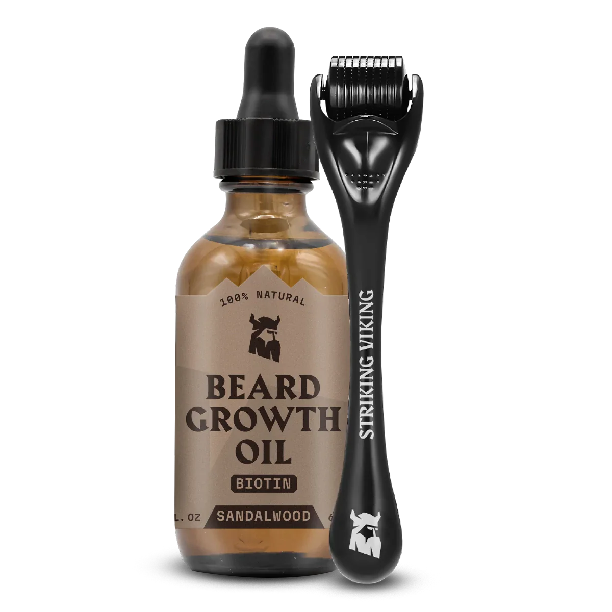 Beard Growth Kit with sandalwood scent and derma roller for promoting thicker, healthier facial hair.