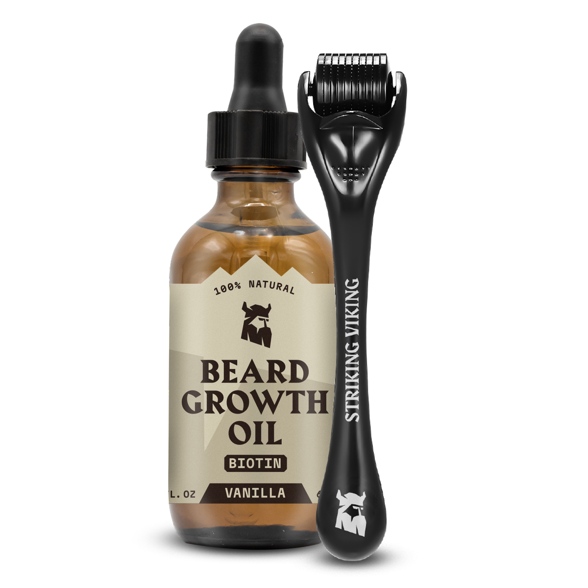 Beard Growth Kit with vanilla-scented oil and derma roller for thicker beard.