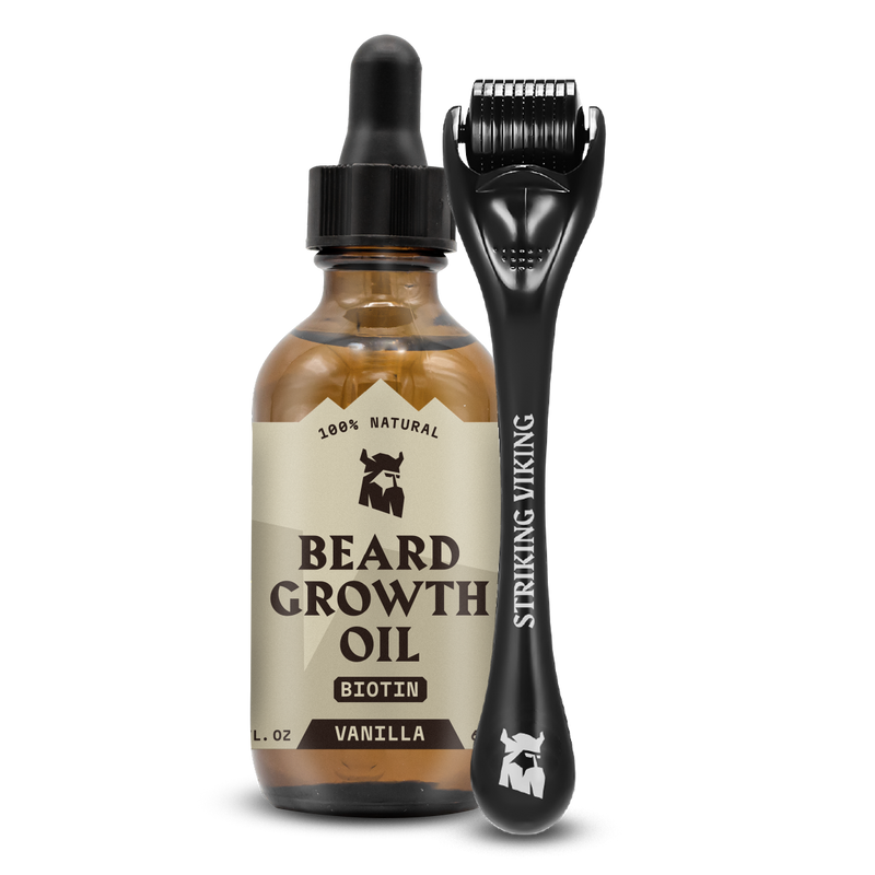 Beard Growth Kit - Vanilla scented oil and derma roller for thicker beard development.
