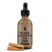 Beard Growth Oil Biotin Sandalwood bottle with sandalwood pieces.