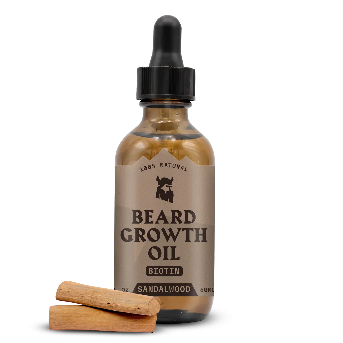 Beard Growth Oil Biotin Sandalwood bottle with sandalwood pieces, for fuller beard growth and nourishment.