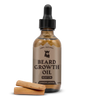 Beard Growth Oil Biotin Sandalwood bottle with sandalwood pieces, for fuller beard growth and nourishment.
