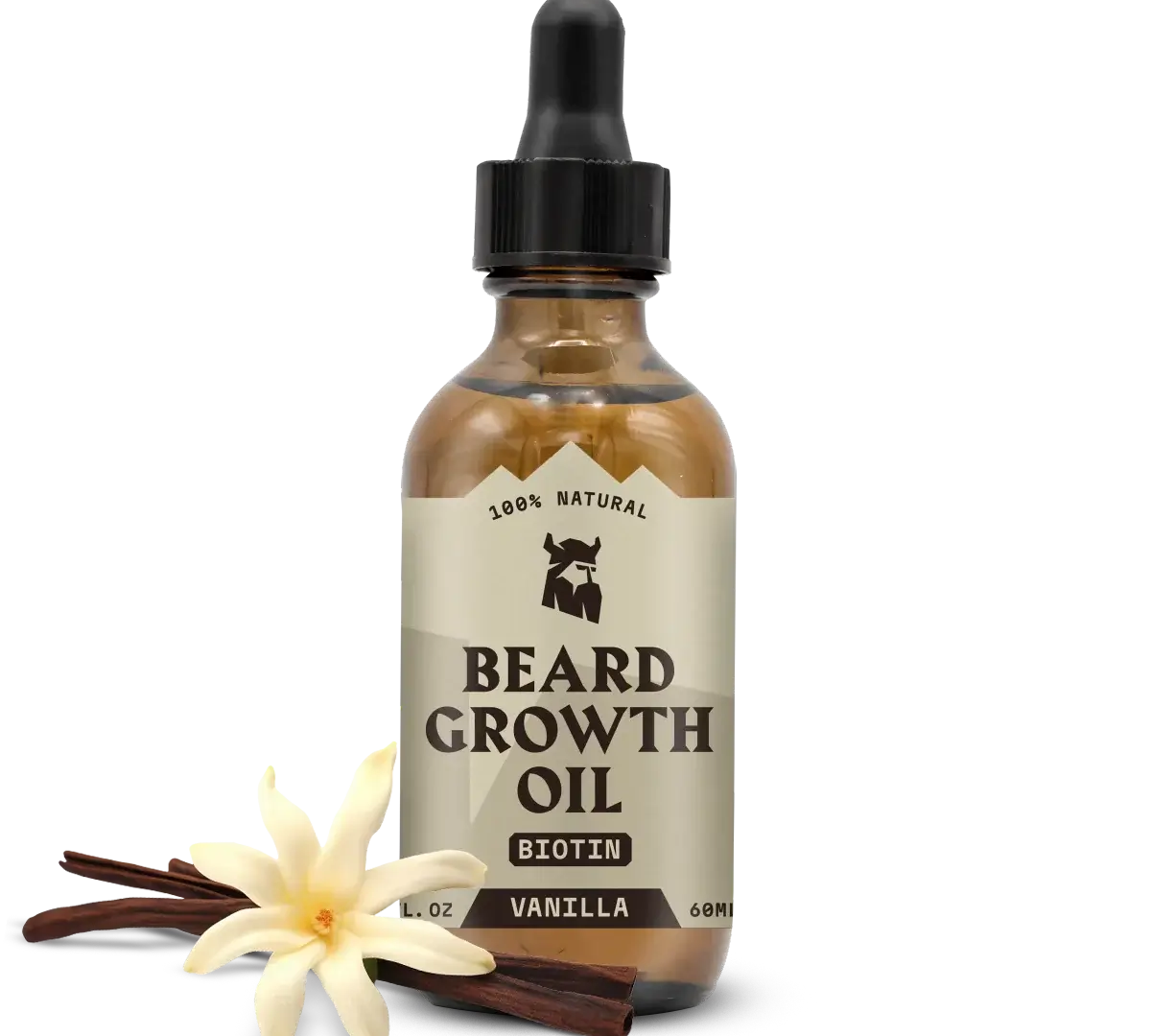 Beard Growth Oil for men with vanilla scent, featuring biotin, in a brown dropper bottle.