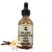 Beard Growth Oil for men with vanilla scent, featuring biotin, in a brown dropper bottle.