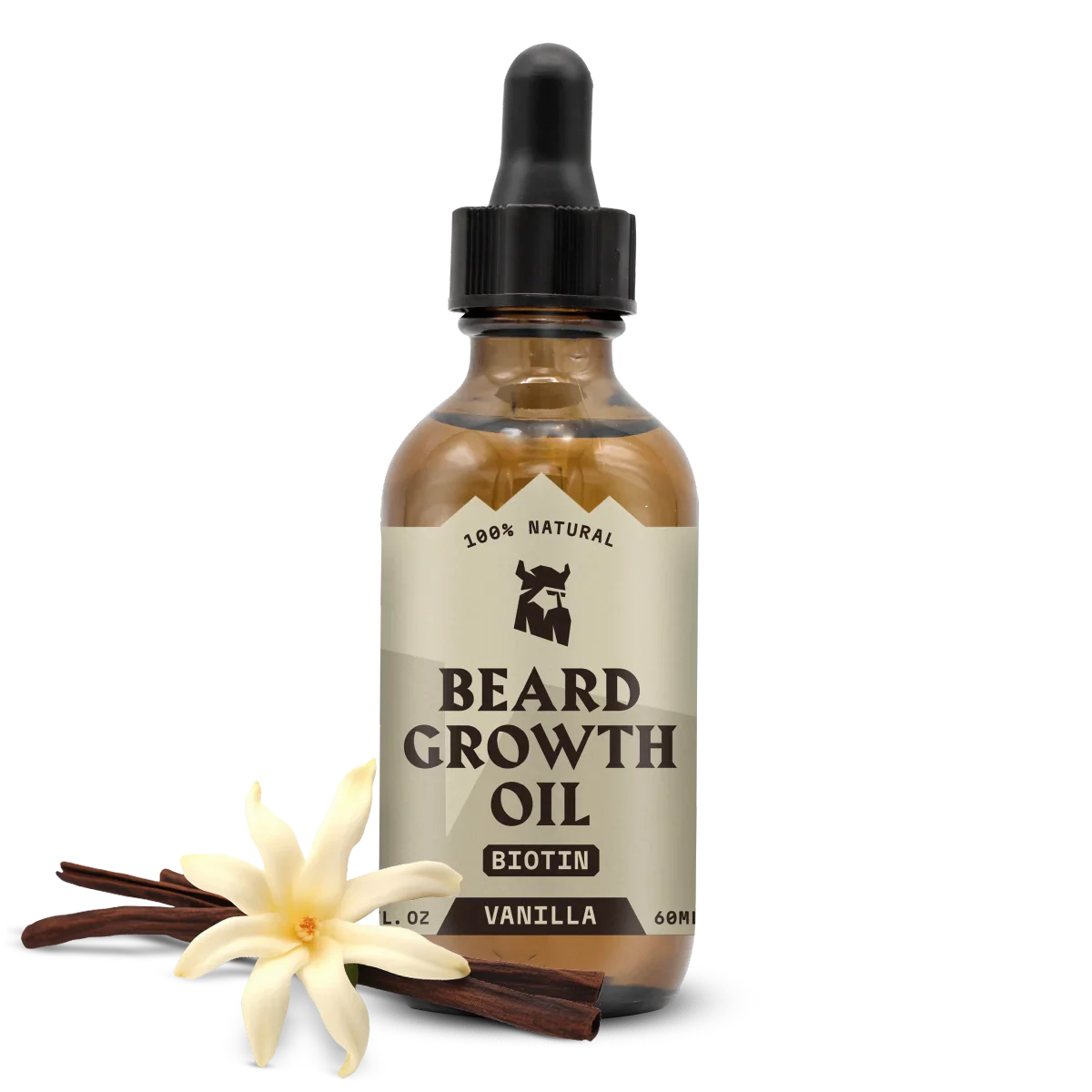 Beard Growth Oil for Men featuring vanilla scent and infused with biotin and castor oil.