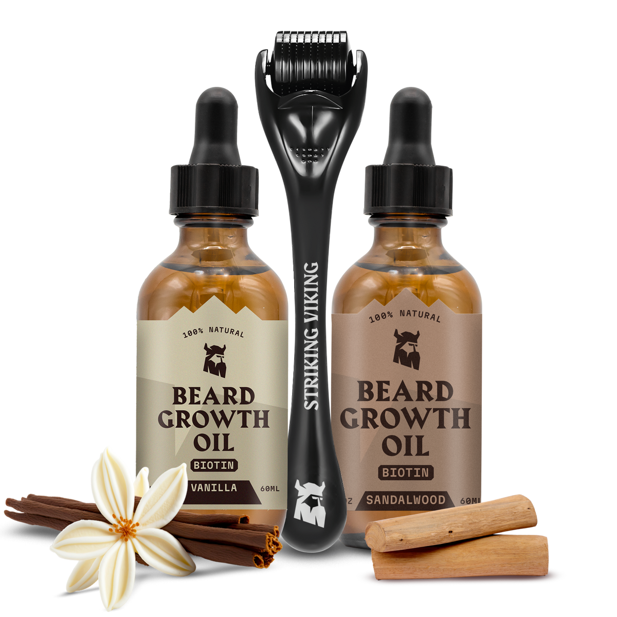 Beard Growth Mastery Bundle - Sandalwood & Vanilla Biotin Oils + Derma Roller