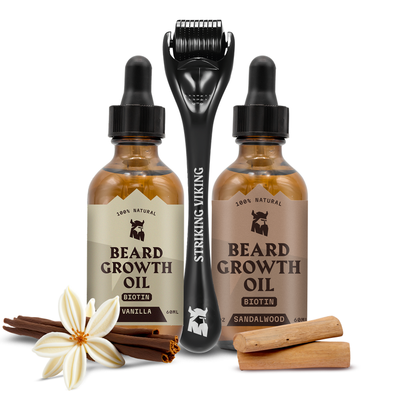 Pack Maestría en Crecimiento de Barba - Aceites de Biotina Sándalo & Vainilla + Derma Roller
