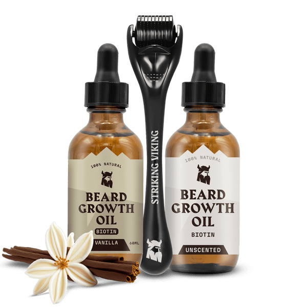 Beard Growth Kit - Vanilla & Unscented Biotin Oils + Roller with two bottles of oil and a roller.