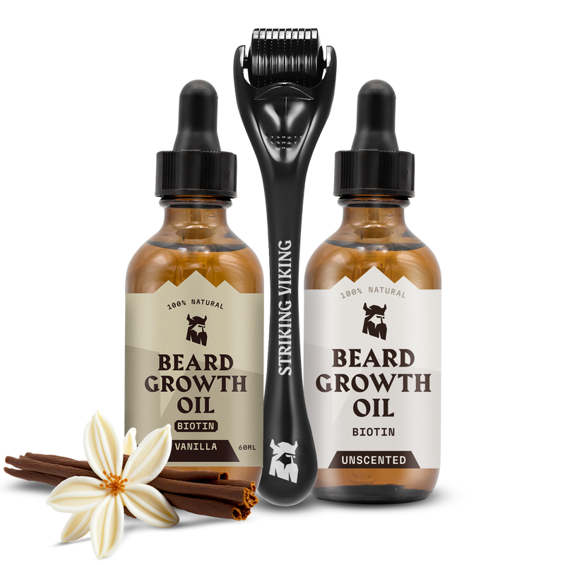 Striking Viking Beard Growth Kit with Beard Roller, Vanilla & Unscented Biotin Oils for Men
