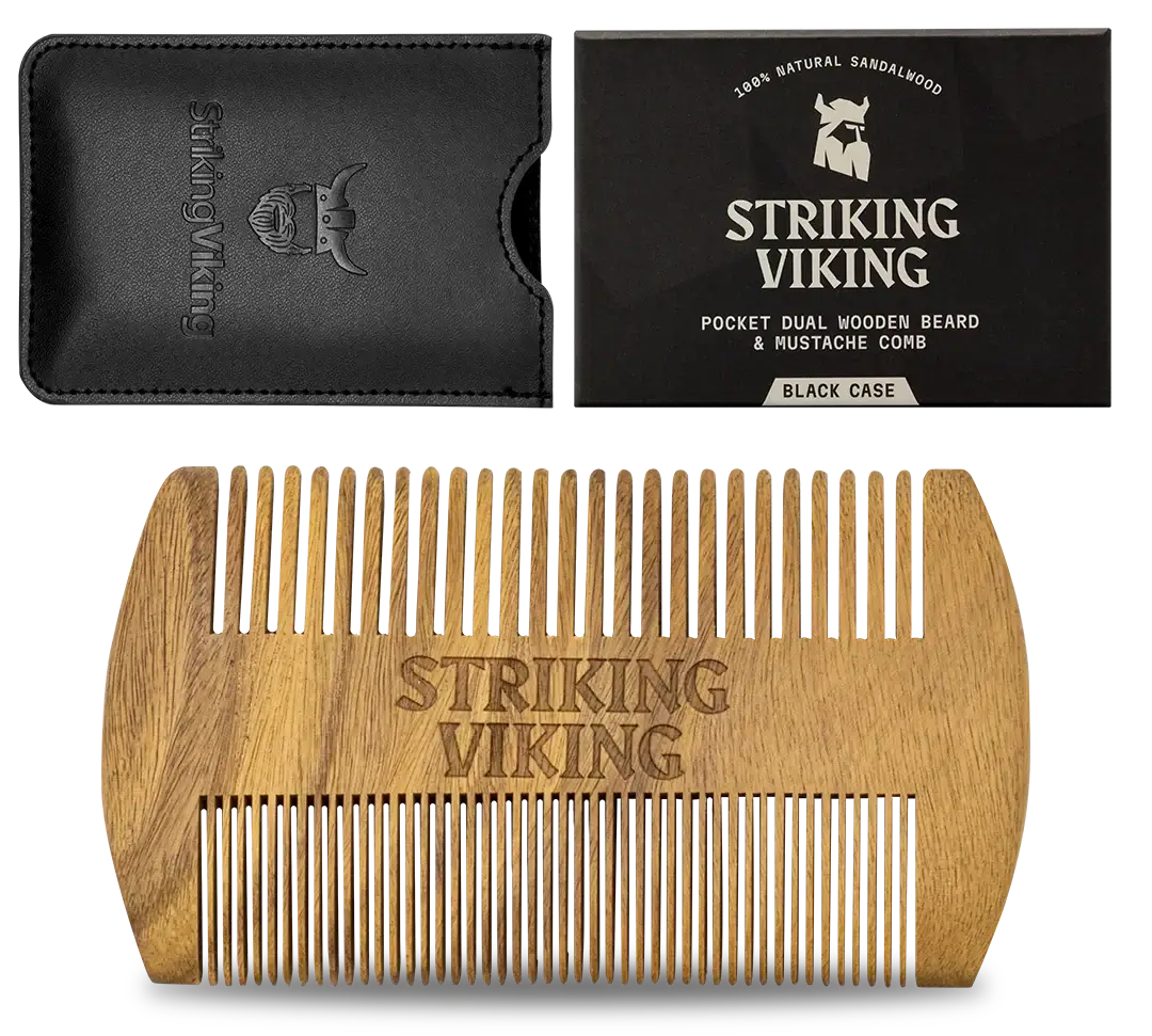 Sandalwood wooden beard comb with black case and box, dual-sided, hypoallergenic.