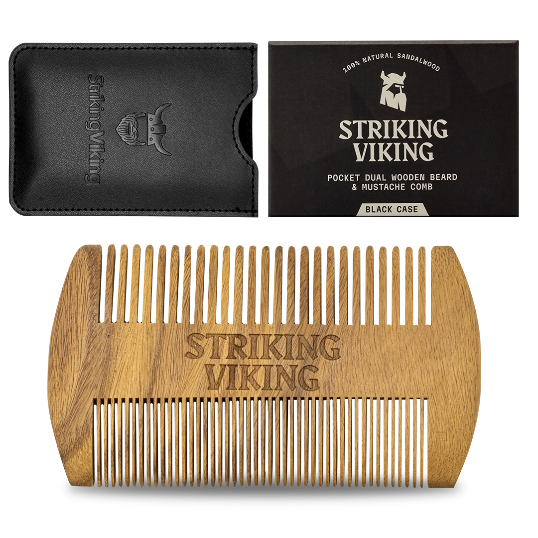 Sandalwood Wooden Beard Comb (Black) with protective carry case and box.