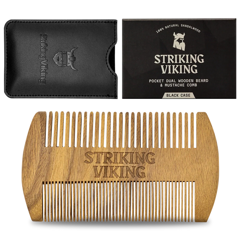 Sandalwood wooden beard comb with black case and box, dual-sided, hypoallergenic.