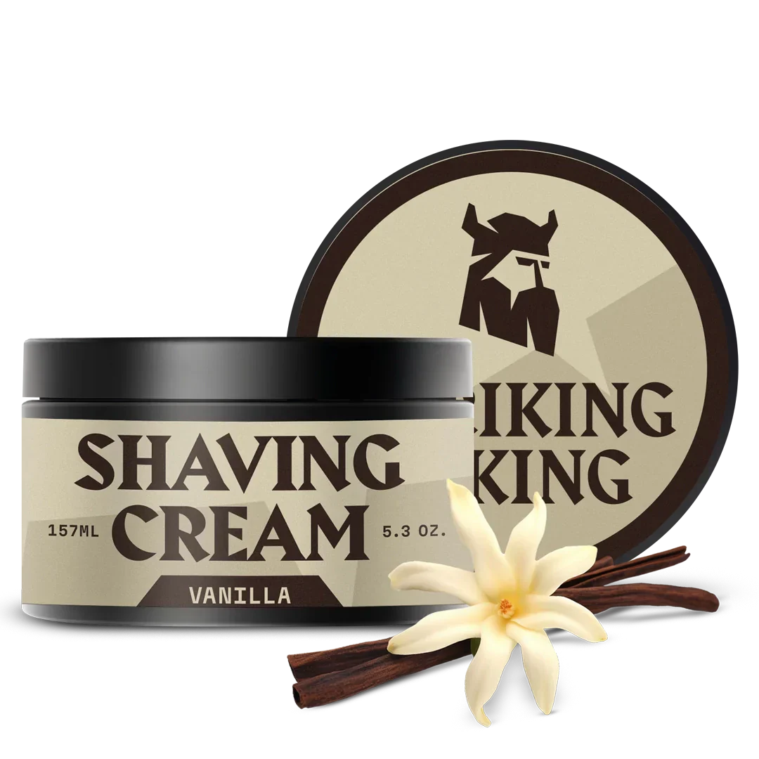 Vanilla scented shaving cream for men in a 5.3 oz tub with Striking Viking branding.