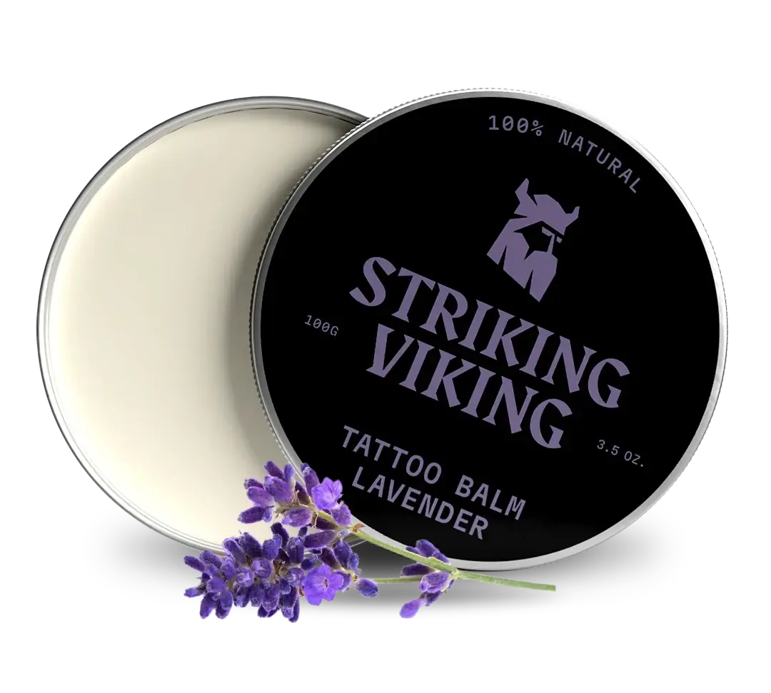 Tattoo Balm Lavender by Striking Viking for tattoo care and vibrancy.