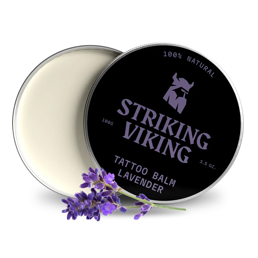 Striking Viking Lavender Tattoo Balm with lavender sprig, designed for tattoo care and vibrancy.