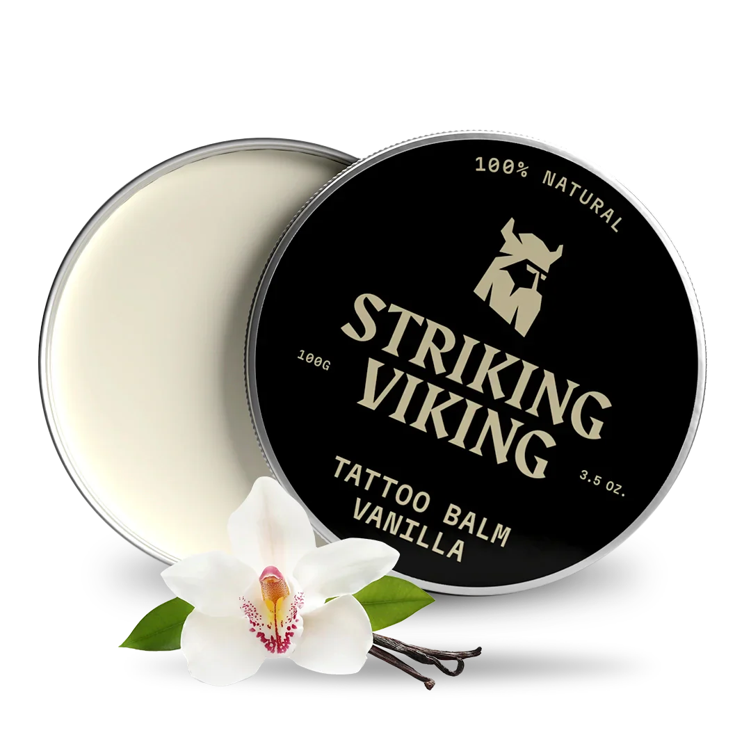 Striking Viking Vanilla Tattoo Balm tin with vanilla flower, 100% natural skincare for tattoos.