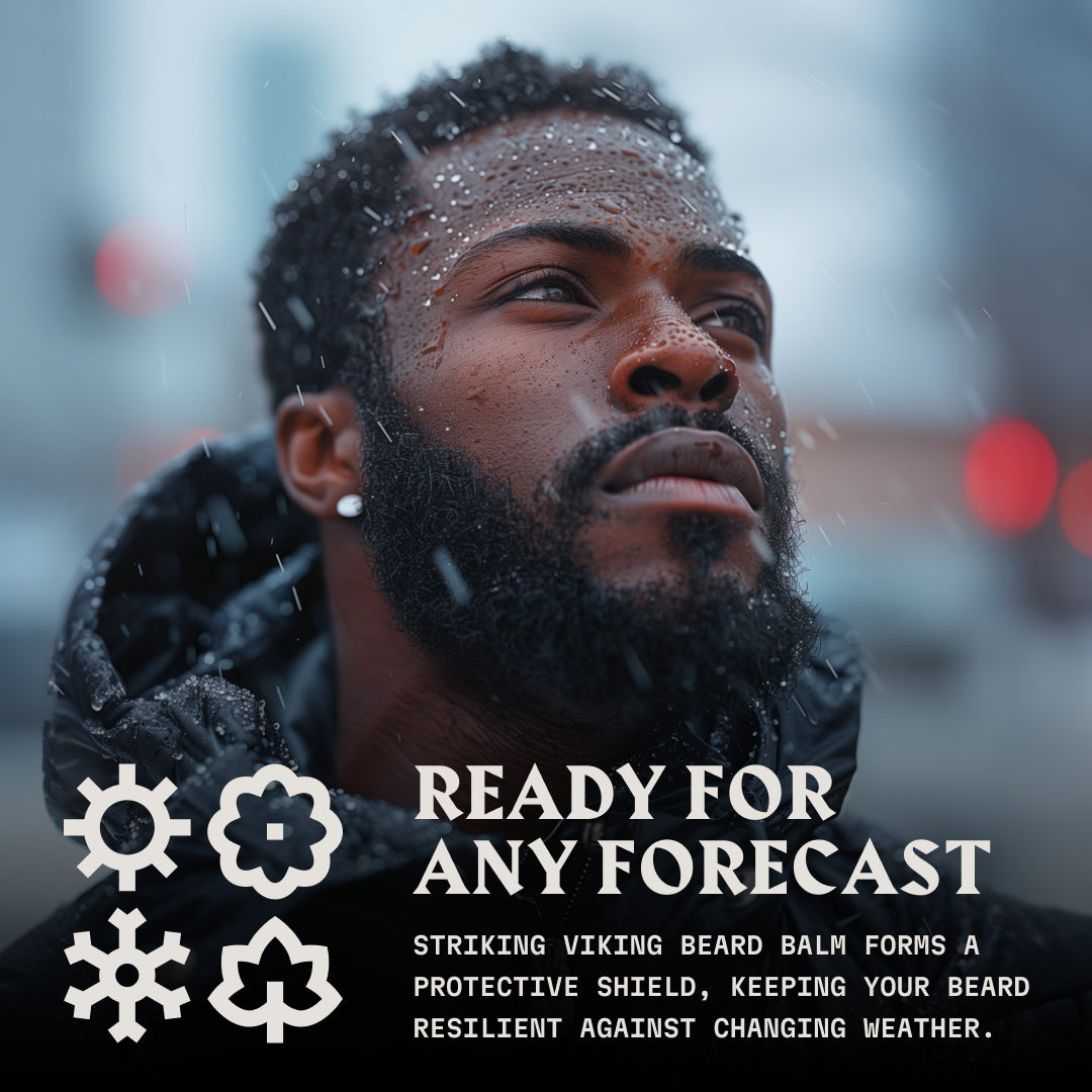 Bearded man outdoors in snow, promoting Striking Viking Beard Balm.