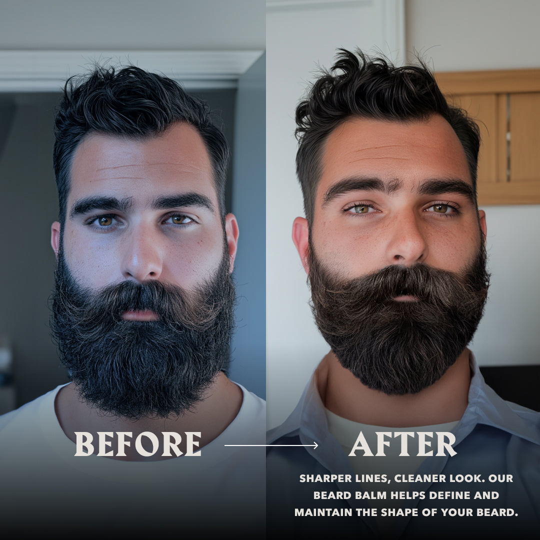 Before and after image showcasing the effects of a citrus-scented beard balm, highlighting improved beard shape and shine.