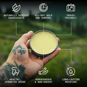 Vanilla Beard Balm in hand with benefits like natural ingredients, all-day hold, and travel-friendly features.