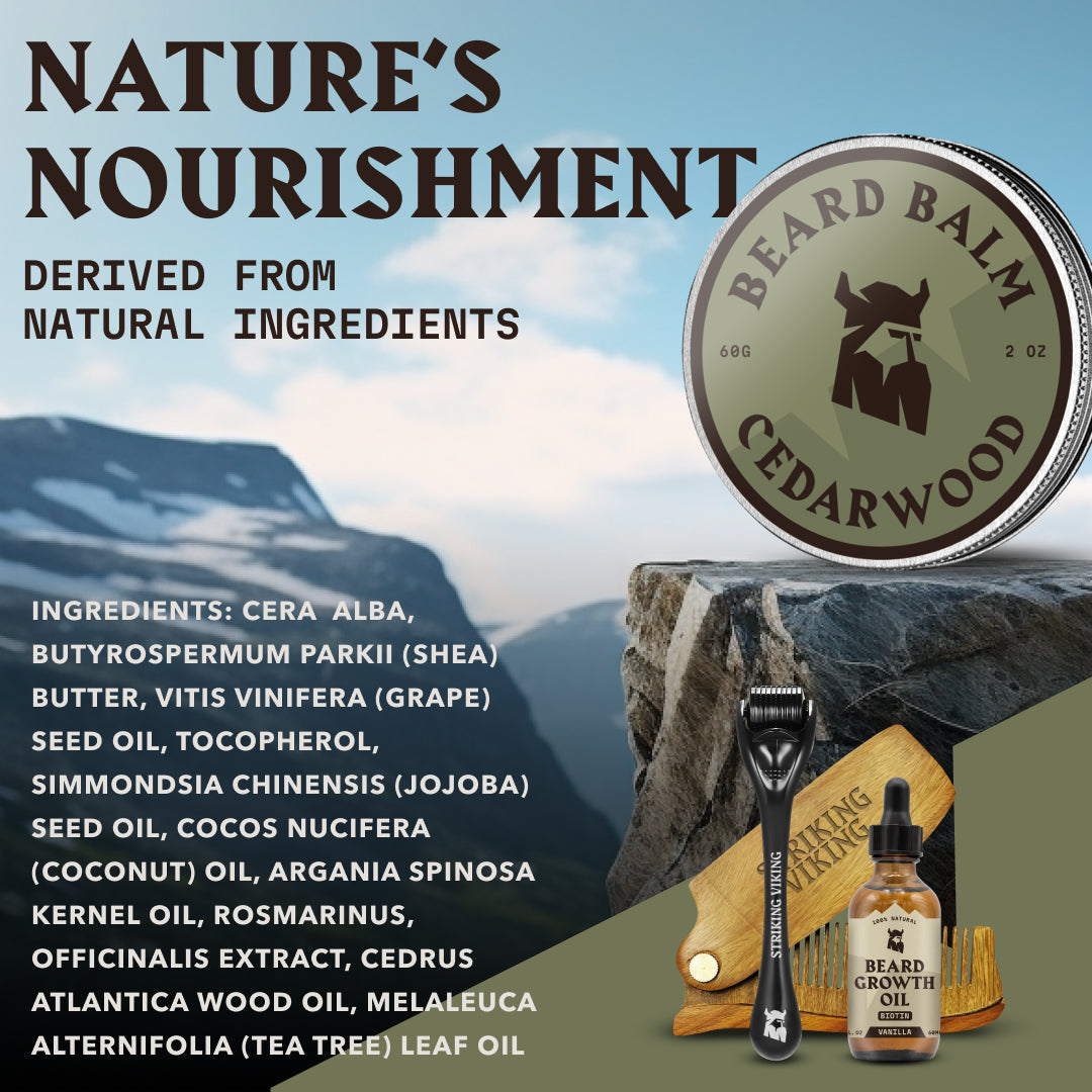 Cedarwood beard balm displayed with natural ingredients and beard grooming tools.