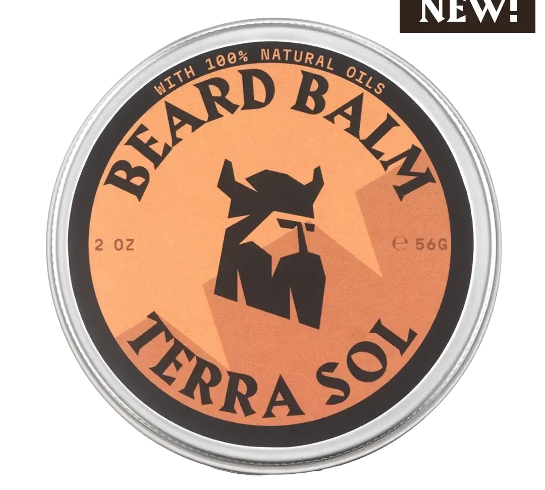 Terra Sol Beard Balm tin with natural oils for beard care and styling, 2 oz container