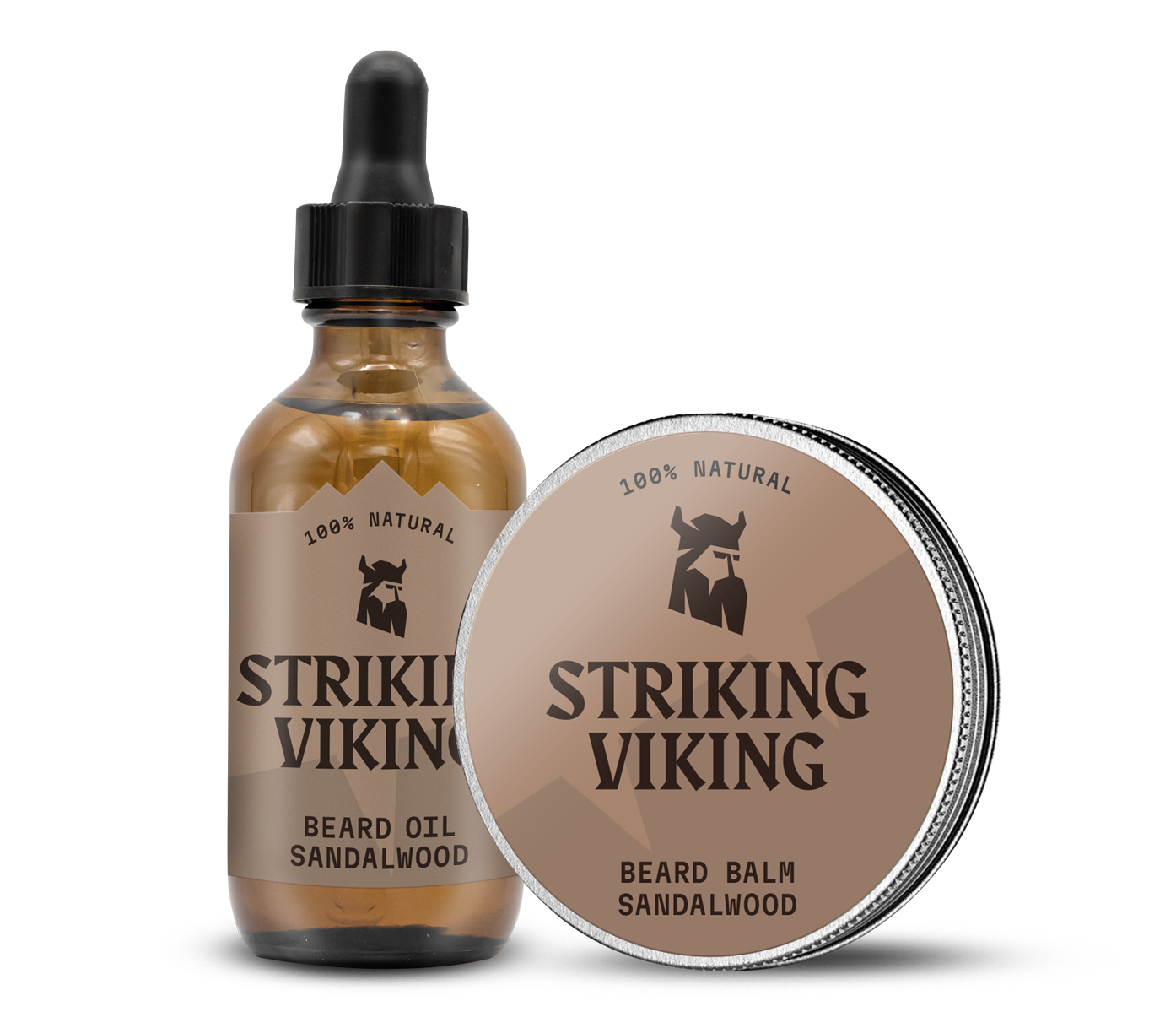 Beard oil and balm set with sandalwood scent, includes a dropper bottle and a tin.