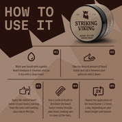 Beard butter in sandalwood scent with usage instructions and non-greasy, moisturizing formula.