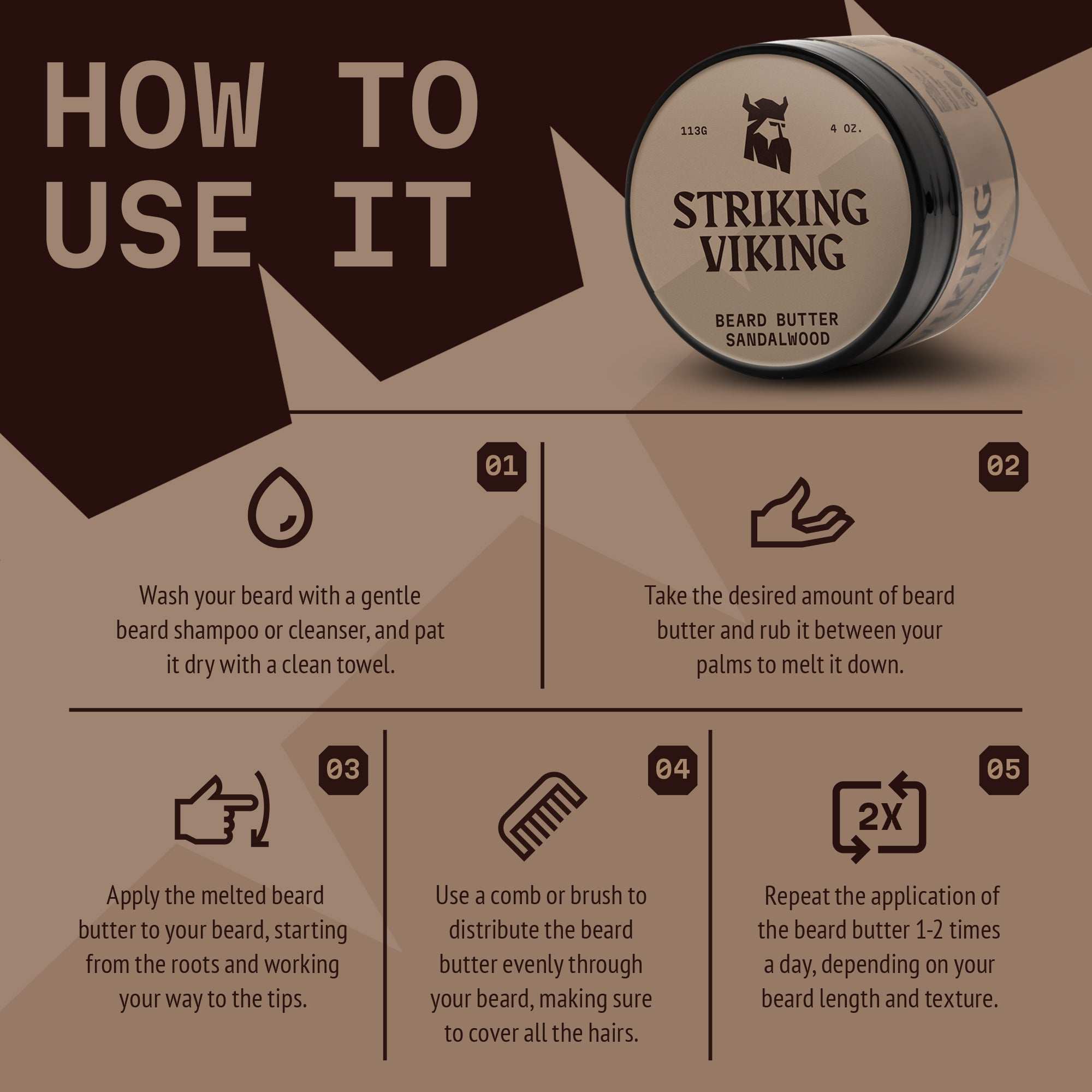 Beard butter in sandalwood scent with usage instructions and non-greasy, moisturizing formula.