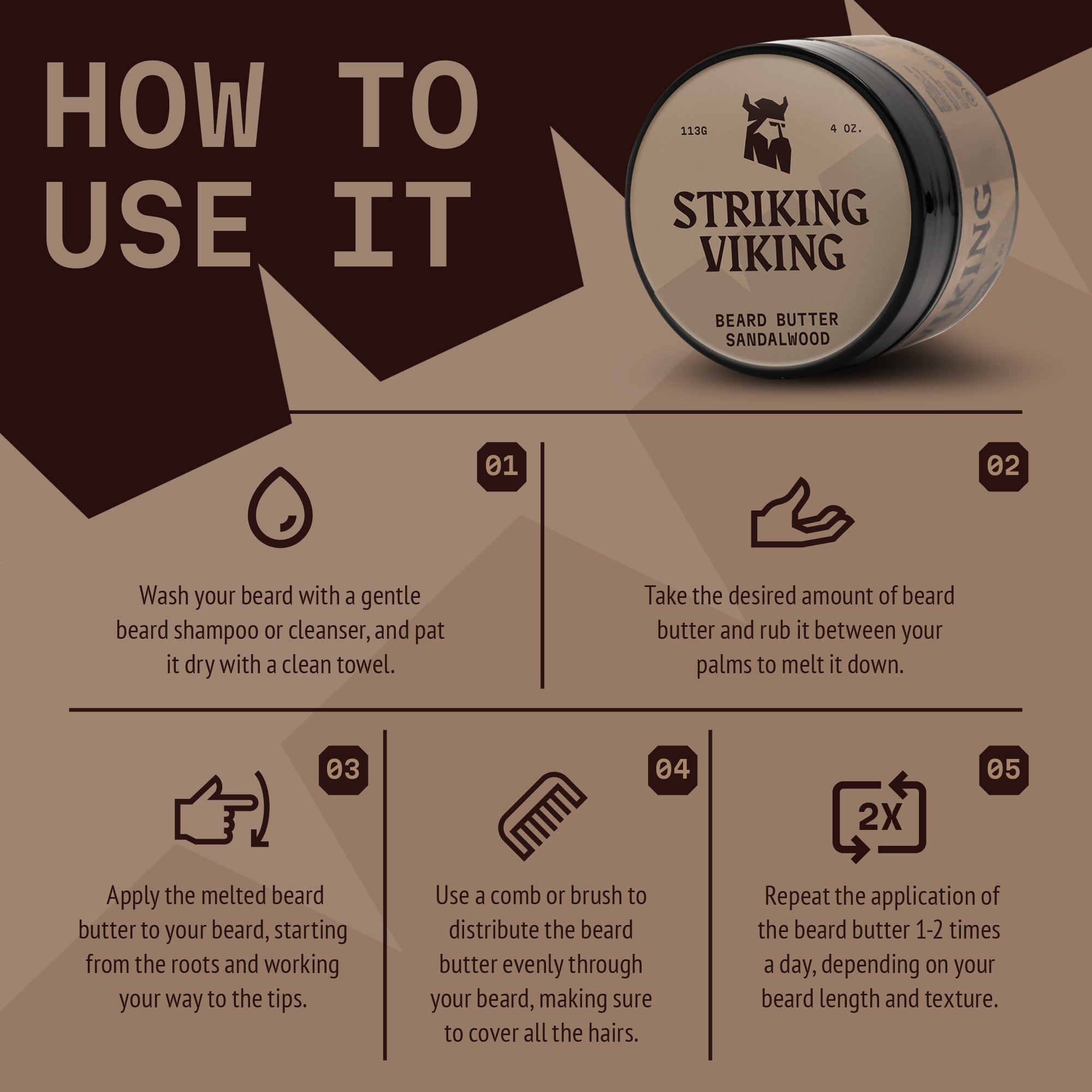 Beard butter in sandalwood scent with usage instructions and non-greasy, moisturizing formula.
