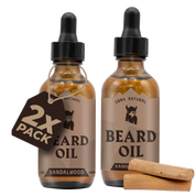 Sandalwood Beard Oil 2 Pack with dropper bottles, natural and organic ingredients.