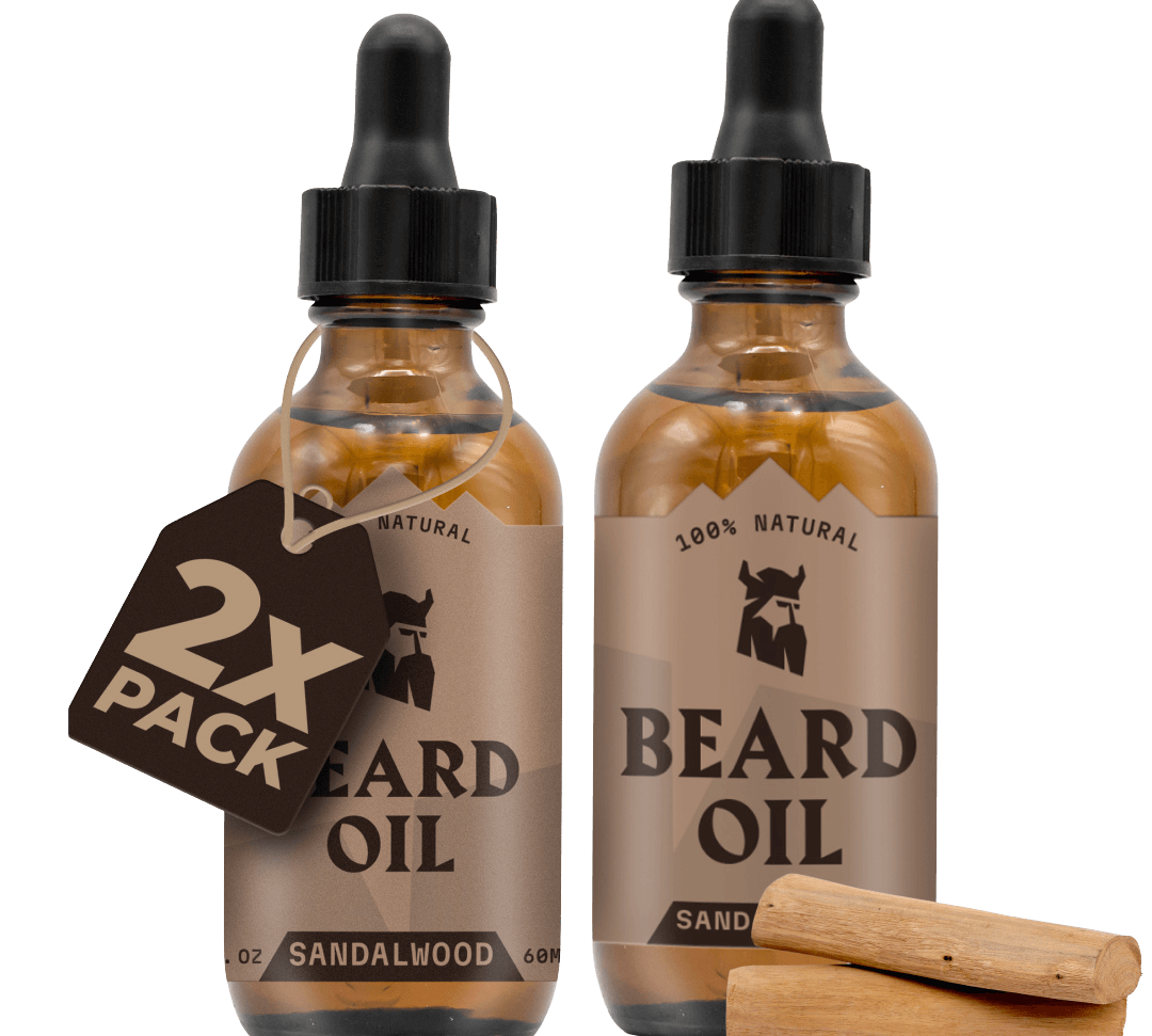 Sandalwood Beard Oil 2 Pack with dropper bottles, natural and organic ingredients.