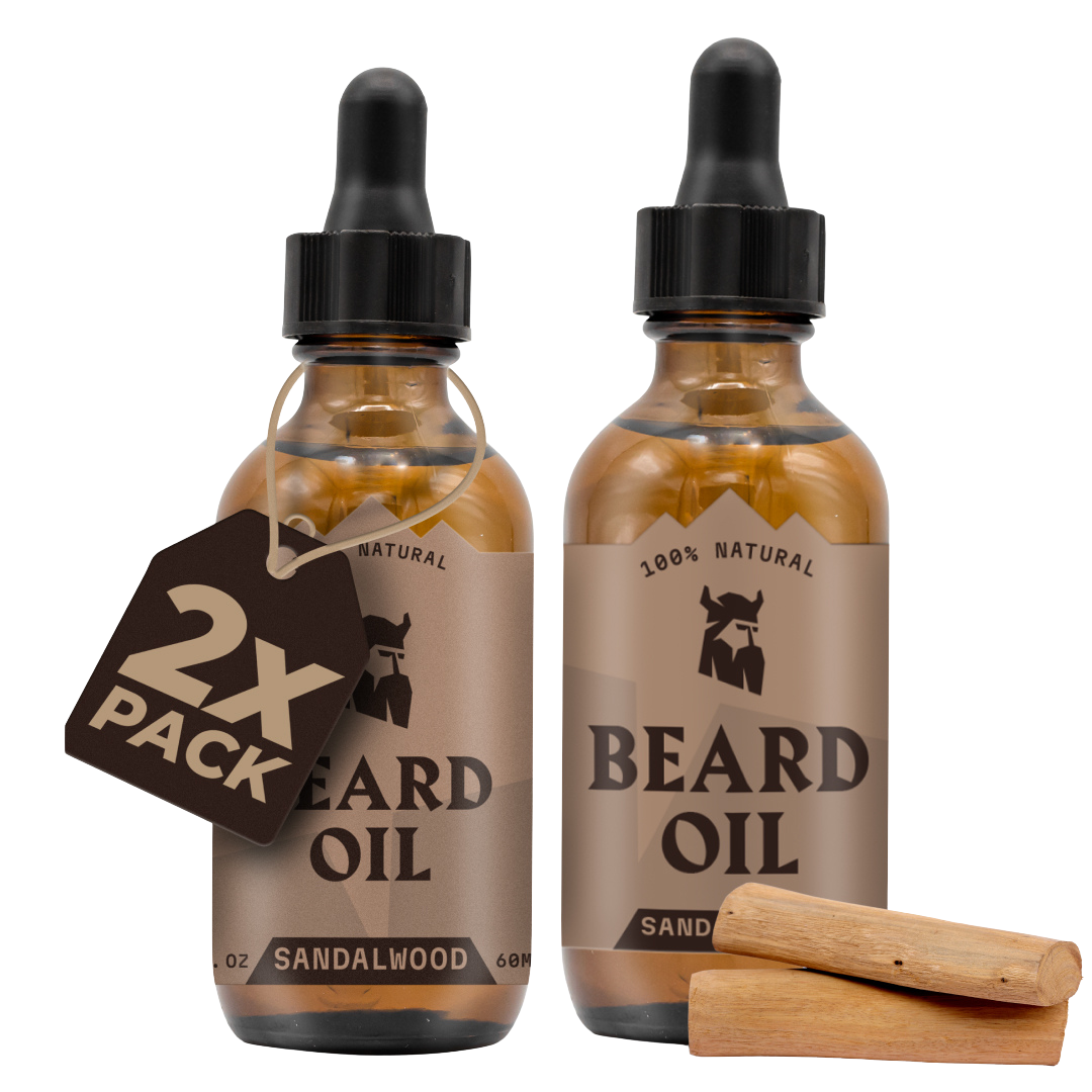 Sandalwood Beard Oil 2 Pack with dropper bottles, natural and organic ingredients.