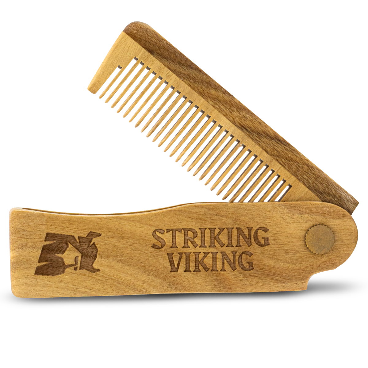 Folding wooden comb made from 100% sandalwood with switchblade design for men's hair and beard grooming.