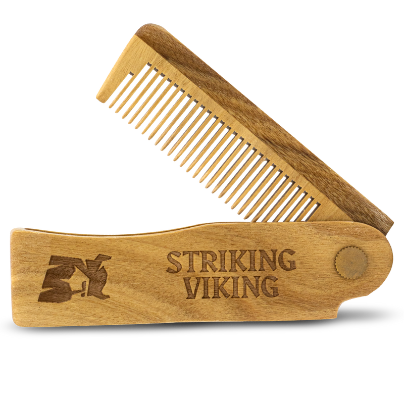 Folding Wooden Comb made from 100% sandalwood, handcrafted, switchblade style, Striking Viking.