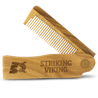 Folding wooden comb made from 100% sandalwood with switchblade design for men's hair and beard grooming.
