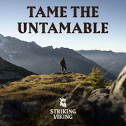 Scenic mountain landscape with the text "Tame the Untamable" and Striking Viking logo, representing the After Shave Balm for Men.