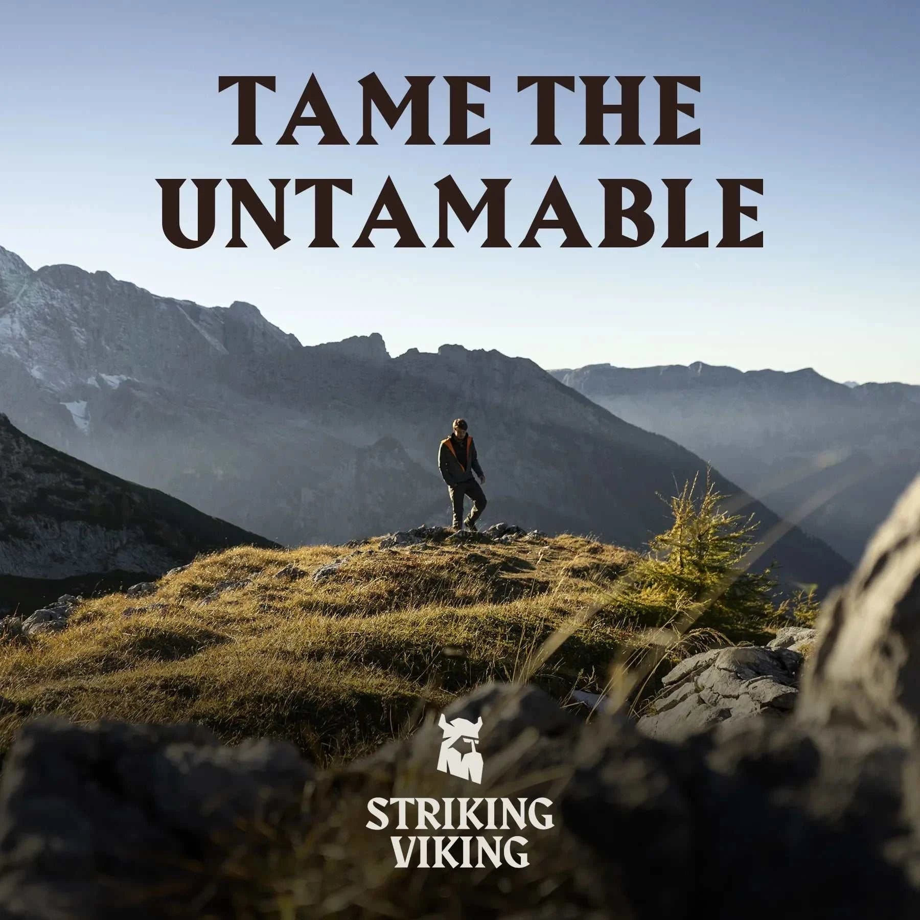 Man standing on mountain top with "Tame the Untamable" text, Striking Viking logo at the bottom.