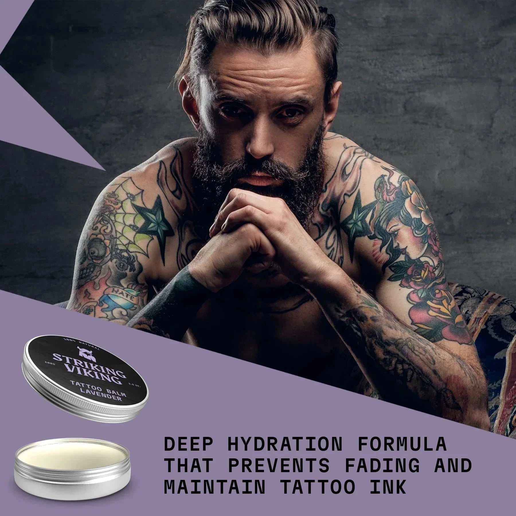 Tattoo Balm Lavender by Striking Viking for hydration and color preservation of tattoos.