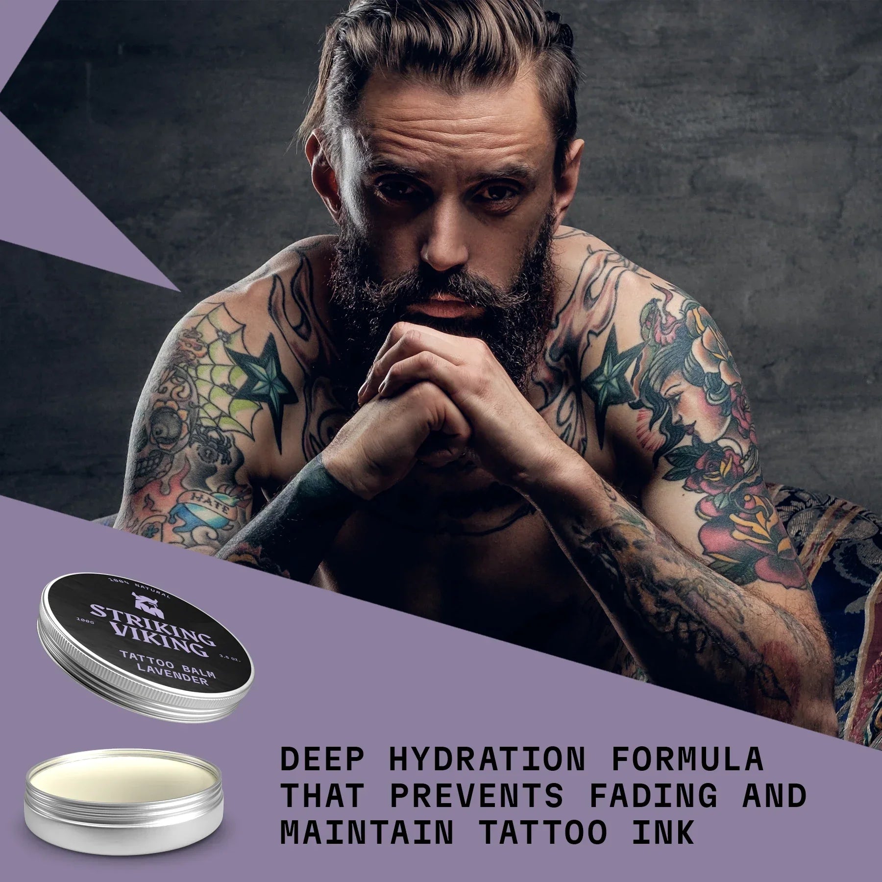 Tattoo Balm Lavender by Striking Viking for hydration and color preservation of tattoos.