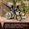 Beard and mustache scissors with Striking Viking branding, displayed alongside grooming products and a comb.